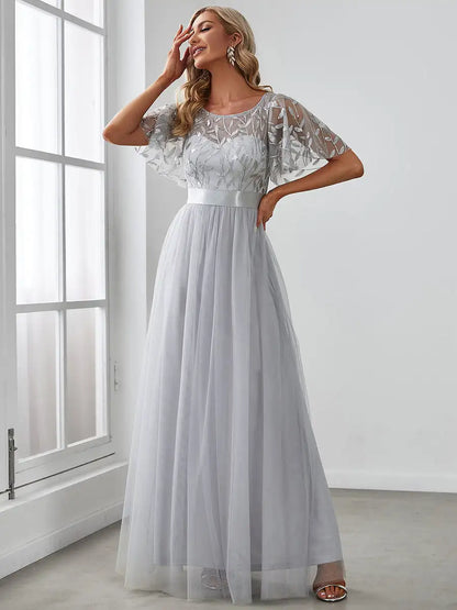 Round Neck Ruffle Sleeve Evening Gown