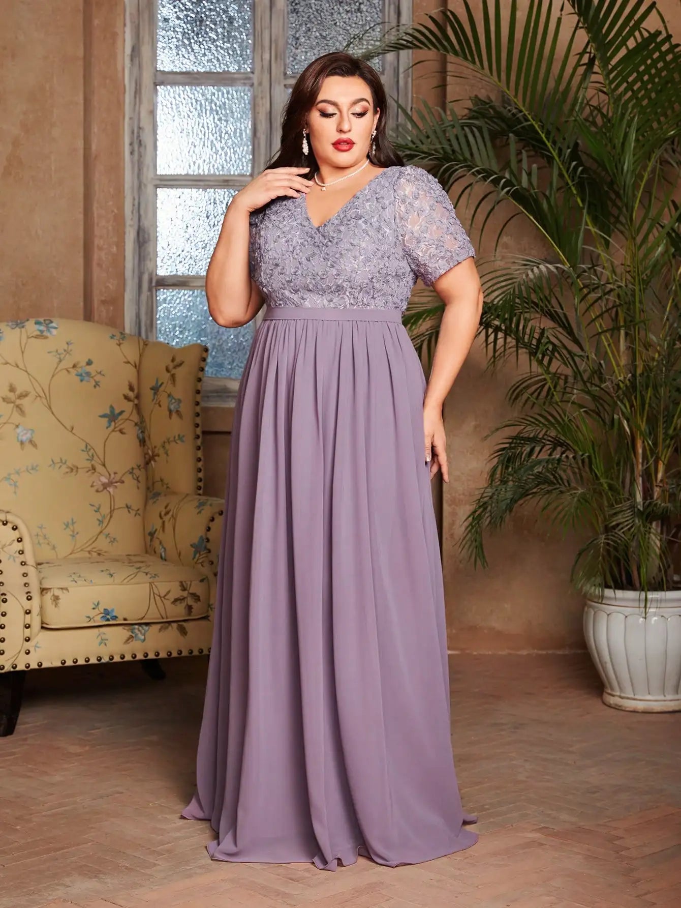 V-Neck Floral Chiffon Patchwork Dress