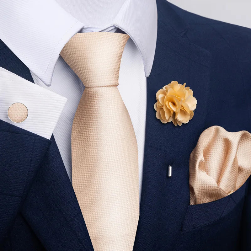 Luxury Men's Floral Tie Set - Black Gold Paisley Necktie with Pocket Square, Cufflinks & Brooch - BOC-WEAR