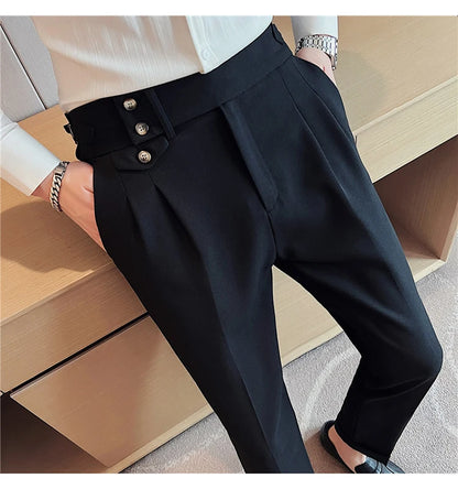 2025 Spring Autumn Men High Waist Belt Design Casual Slim Formal Dress Pant Men Social Office Wedding Party Dress Suit Pants