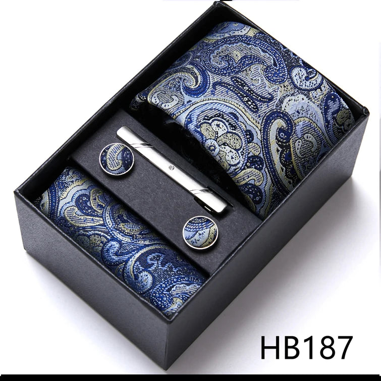 Top Grade Holiday Gift Box 7.5 cm Green Print Tie Pocket Squares Cufflink Set Gravatas Man Suit Accessories Fit Formal Party - BOC-WEAR