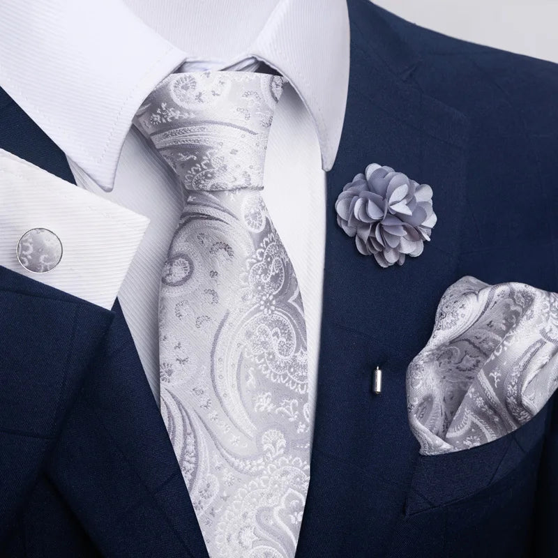 Luxury Men's Floral Tie Set - Black Gold Paisley Necktie with Pocket Square, Cufflinks & Brooch - BOC-WEAR