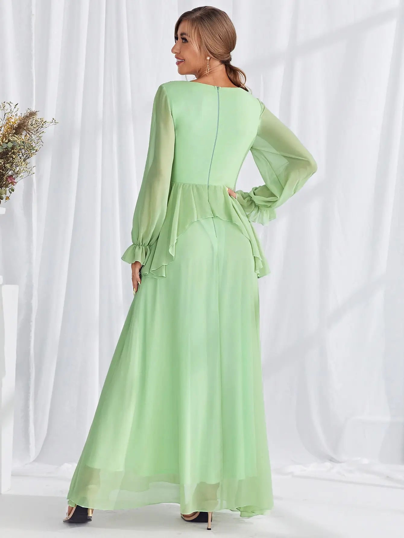Mgiacy V-neck long sleeve chiffon pleated lace ruffled evening gown Ball dress Party dress Bridesmaid dress