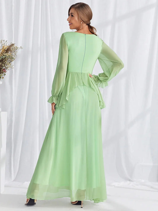 Mgiacy V-neck long sleeve chiffon pleated lace ruffled evening gown Ball dress Party dress Bridesmaid dress