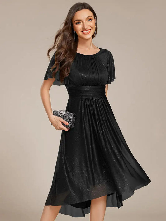 Elegant Evening Dresses Short Sleeves Pleated Ruffle Round Neck Asymmetrical 2025 Ever Pretty of Black Wedding Guest Dress