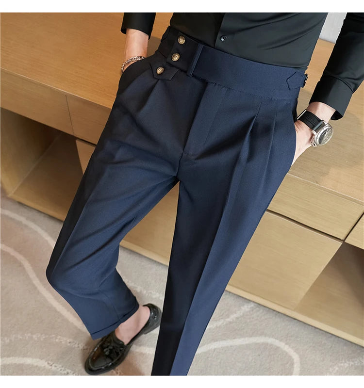 2025 Spring Autumn Men High Waist Belt Design Casual Slim Formal Dress Pant Men Social Office Wedding Party Dress Suit Pants