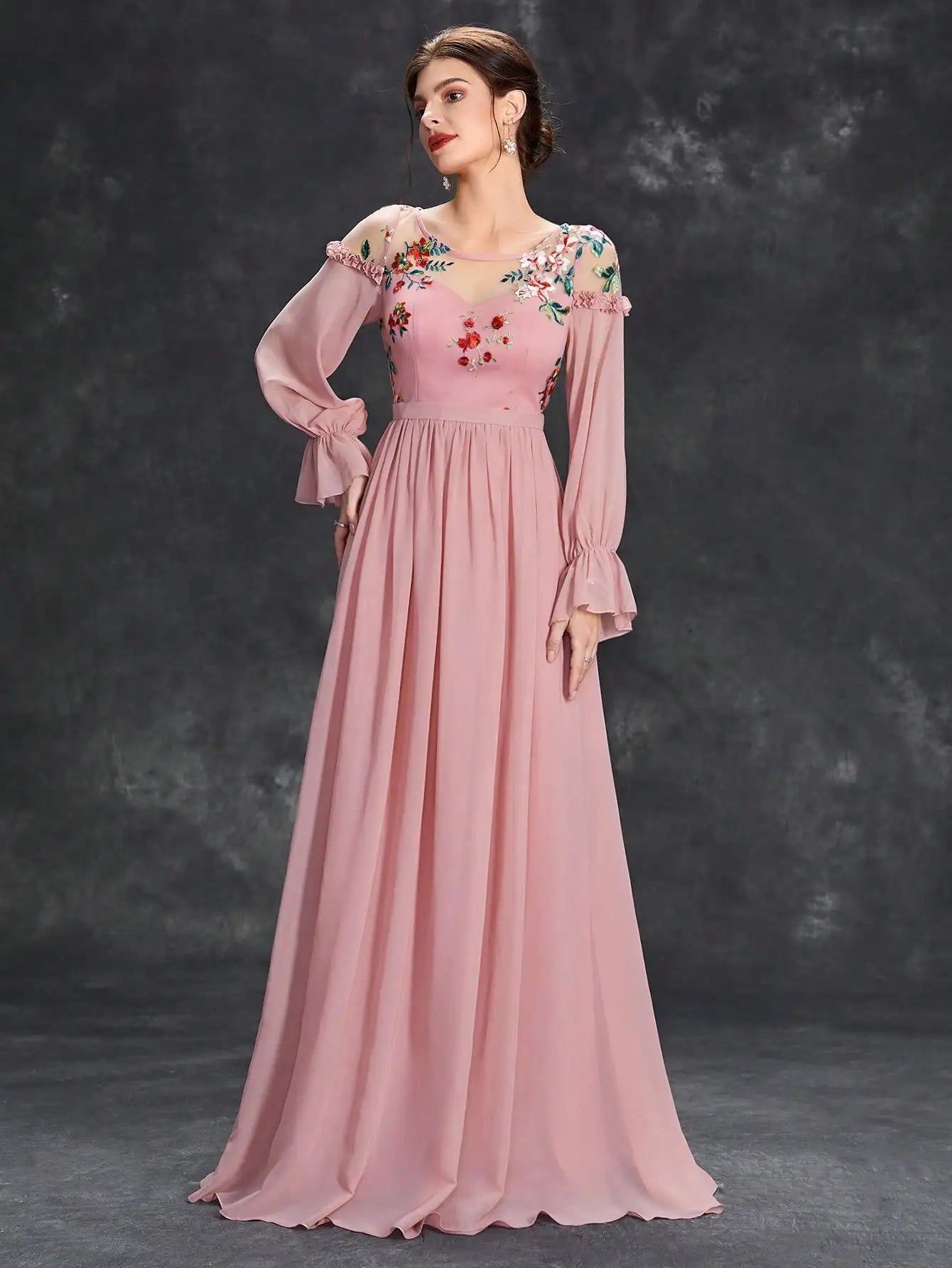 Embroidered Chiffon Long Sleeve Ball Dress