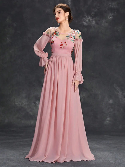 Embroidered Chiffon Long Sleeve Ball Dress