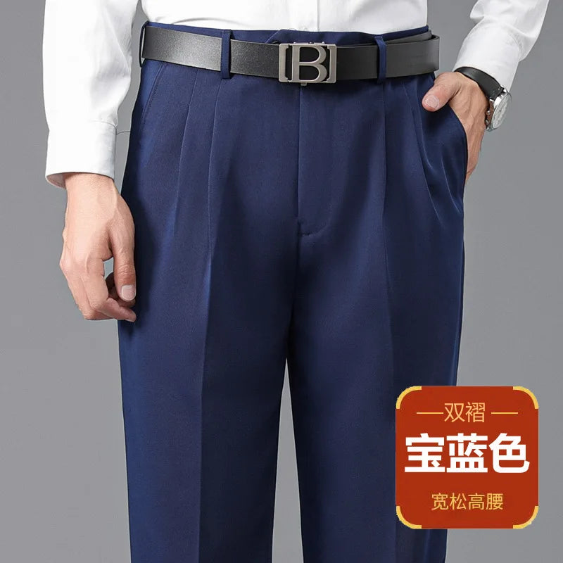 High Waist Suit Pants Men Autumn Thicken Double Pleated Straight Loose Formal Men Trousers High Quality Black Size 29-42 44 46