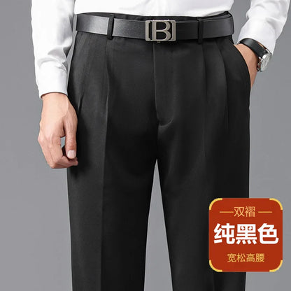 High Waist Suit Pants Men Autumn Thicken Double Pleated Straight Loose Formal Men Trousers High Quality Black Size 29-42 44 46