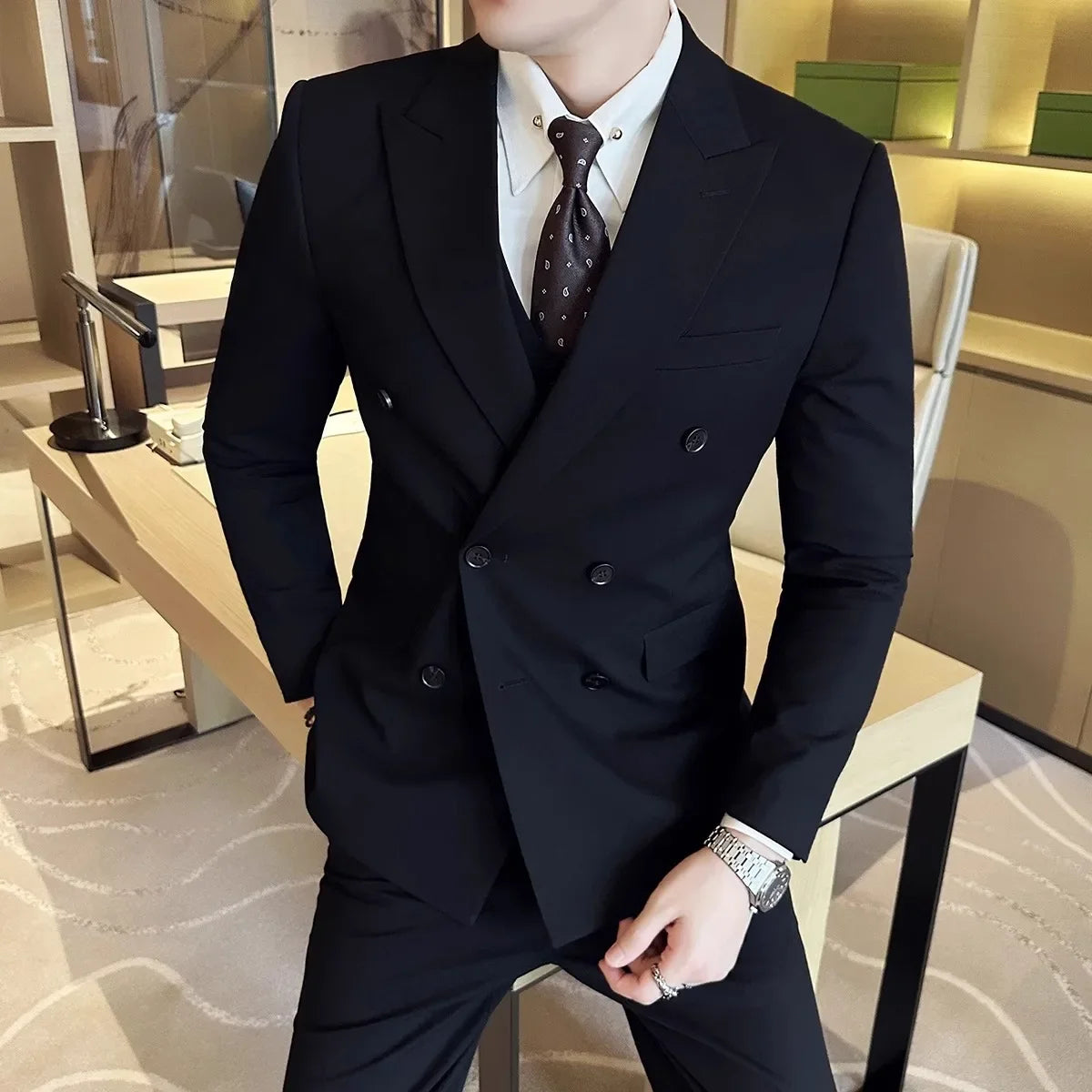 Men's Slim Fit Business Suit Set - Double Breasted Wedding Groom Suit with Pants | British Style - BOC-WEAR