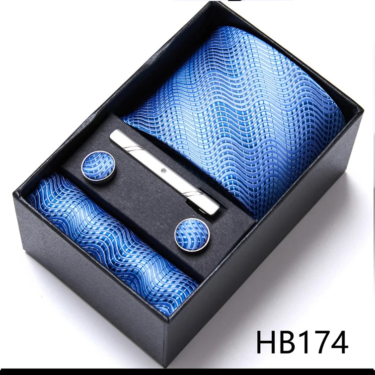 Top Grade Holiday Gift Box 7.5 cm Green Print Tie Pocket Squares Cufflink Set Gravatas Man Suit Accessories Fit Formal Party - BOC-WEAR