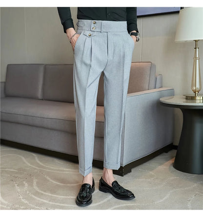 2025 Spring Autumn Men High Waist Belt Design Casual Slim Formal Dress Pant Men Social Office Wedding Party Dress Suit Pants