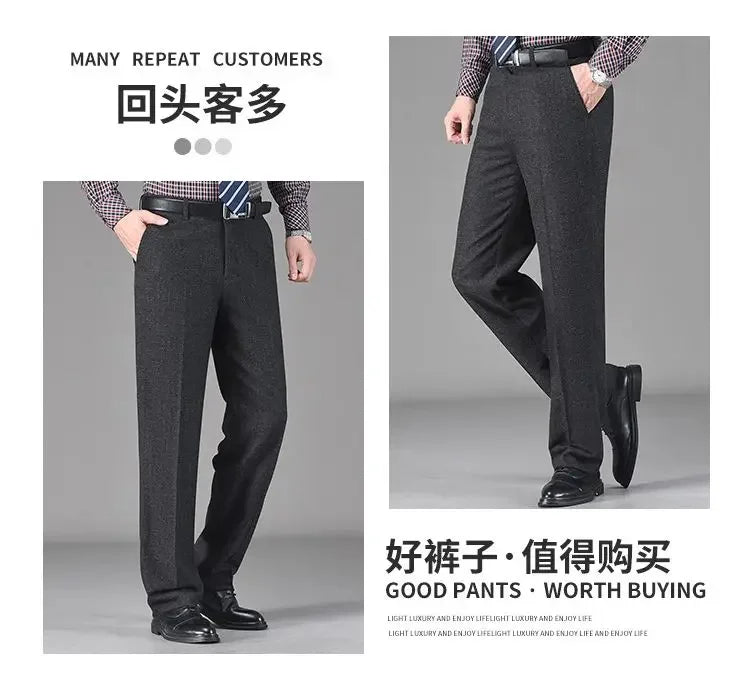 Vintage Autumn Winter Thicken Wool Fleece Suit Pants Men Middle Age High Waist Straight Loose Business Casual Straight Trousers