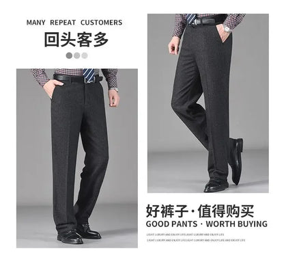 Vintage Autumn Winter Thicken Wool Fleece Suit Pants Men Middle Age High Waist Straight Loose Business Casual Straight Trousers