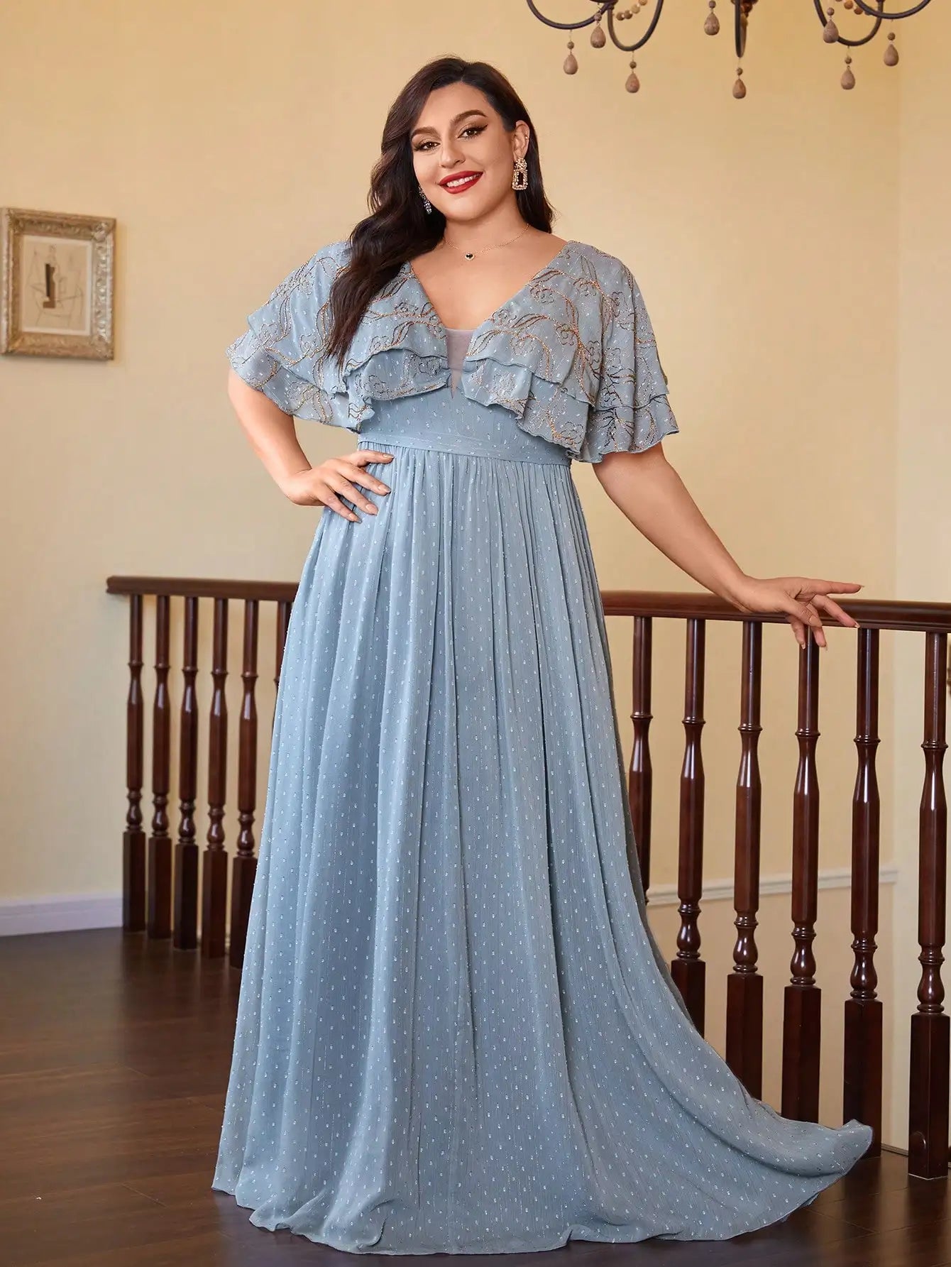 V-Neck Gold Embroidered Chiffon Maxi Dress