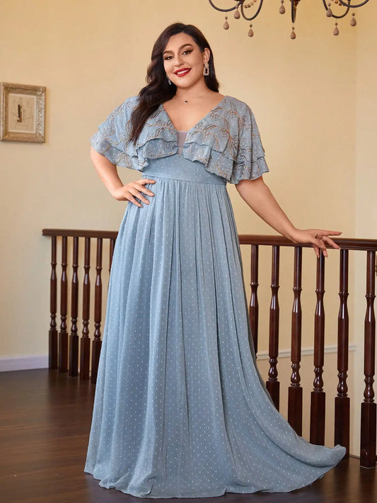 V-neck, double-layered shawl sleeves, chiffon, gold thread embroidery, large hem, bright silk long dress