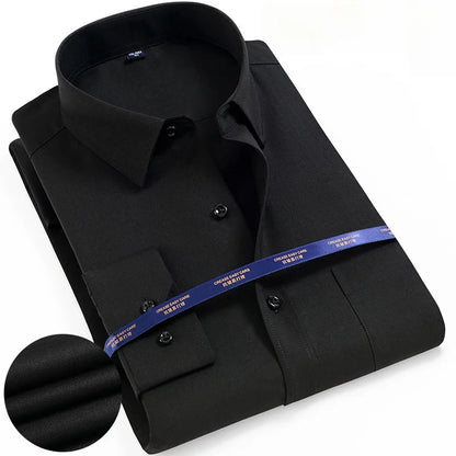 Men Shirt Long Sleeve Solid Basic Formal Dress Shirts Comfortable Business Social Standard-fit Easy-care Office White Shirt 5XL - BOC-WEAR