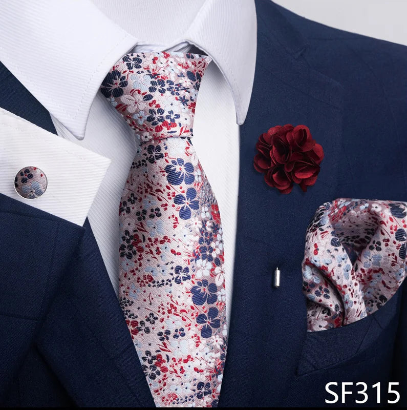 Luxury Men's Floral Tie Set - Black Gold Paisley Necktie with Pocket Square, Cufflinks & Brooch - BOC-WEAR