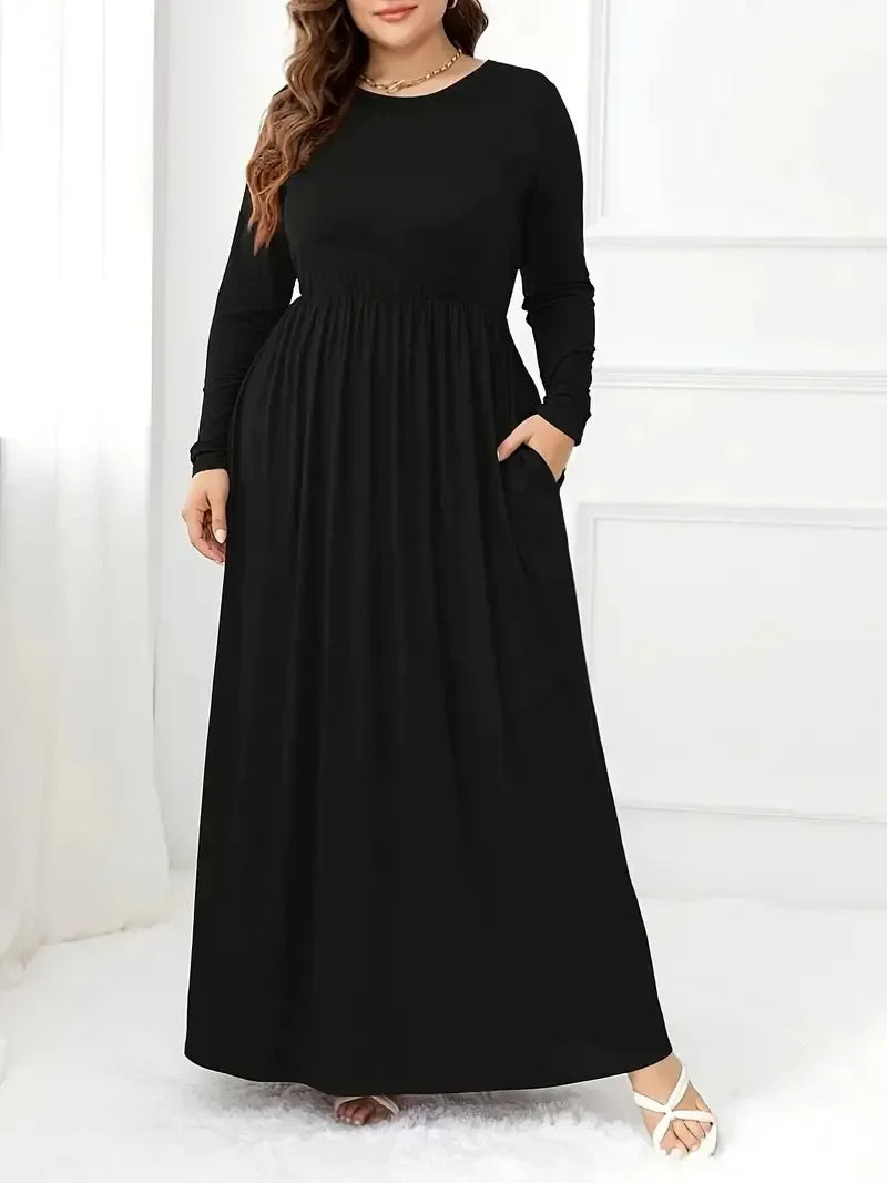 Plus Size Plus Size Solid Color Dress Casual Waist Cinched Long Sleeve round Neck Long Dress Comfortable Fashion Women's Clot... - BOC-WEAR