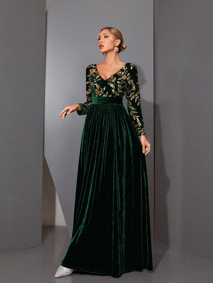 Mgiacyv-neck, gorgeous sequined, long-sleeved, velvet, large-sleeved dress with a cinched waist