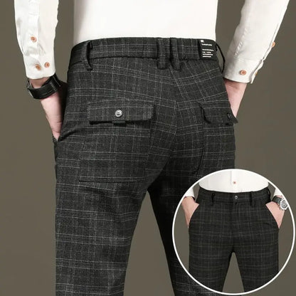 Male Suit Trousers Gray Plaid Check Straight Cheap Clothing Premium Men's Summer Pants Thin Casual Classic Slacks Dress Up