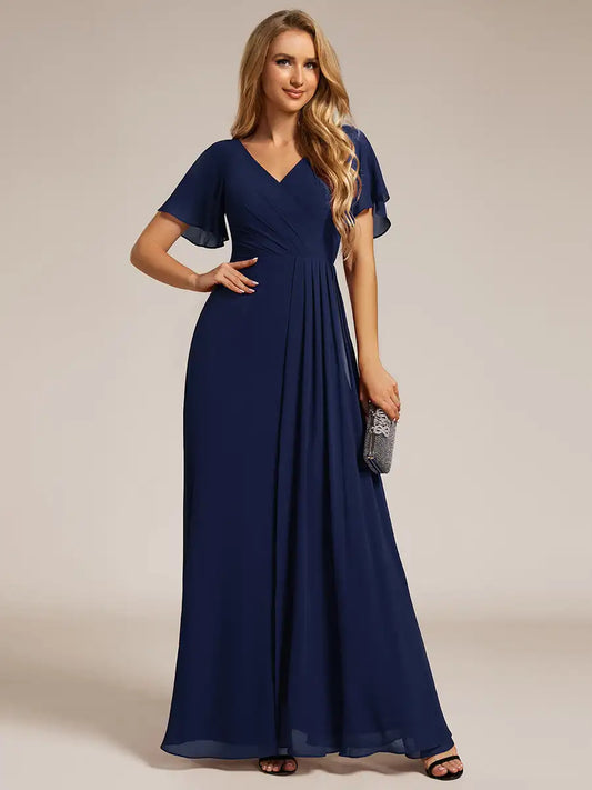 Formal Evening Dresses Deep V-Neck Lotus Leaf Ruffles Sleeve Backless 2025 Ever Pretty of Chiffon Navy Blue Bridesmaid dress