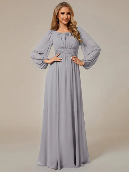 JAEL Classic Evening Dress - Round Neck A-Line Bridesmaid Dress with Lantern Sleeves