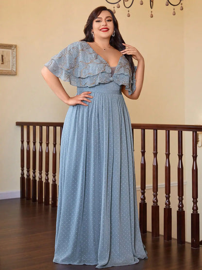 V-Neck Gold Embroidered Chiffon Maxi Dress