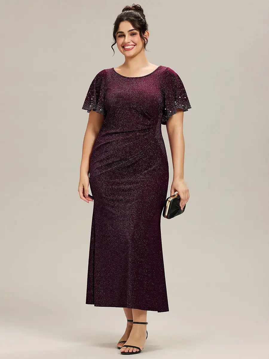 Plus Size Evening Dresses Short Sleeve Ruffle Beaded 2025 Ever Pretty of Fishtail Burgundy Maxi Evening Dresses