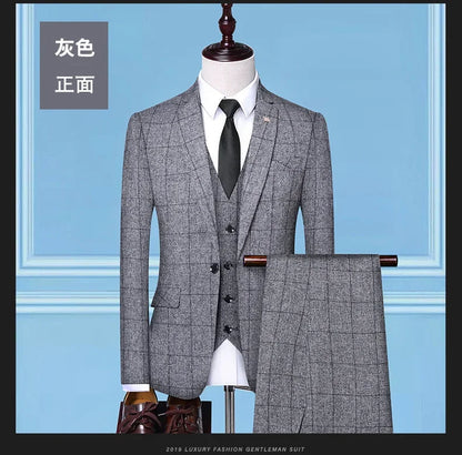 Suit Fashion Business Casual Gentleman Men's Italian Style Elegant Plaid Slim-Fit Formal 3-Piece Suit