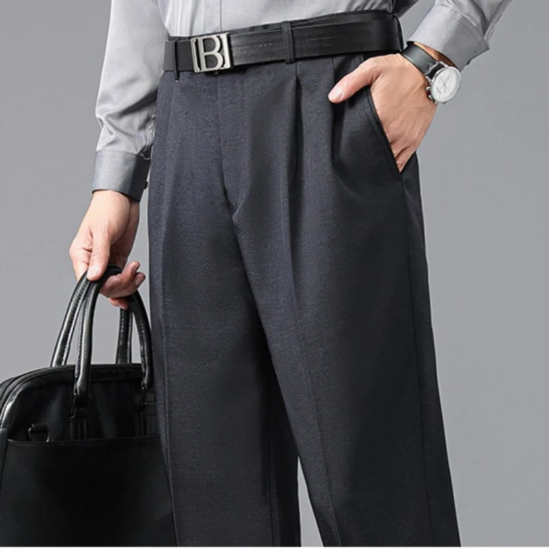 High Waist Suit Pants Men Autumn Thicken Double Pleated Straight Loose Formal Men Trousers High Quality Black Size 29-42 44 46