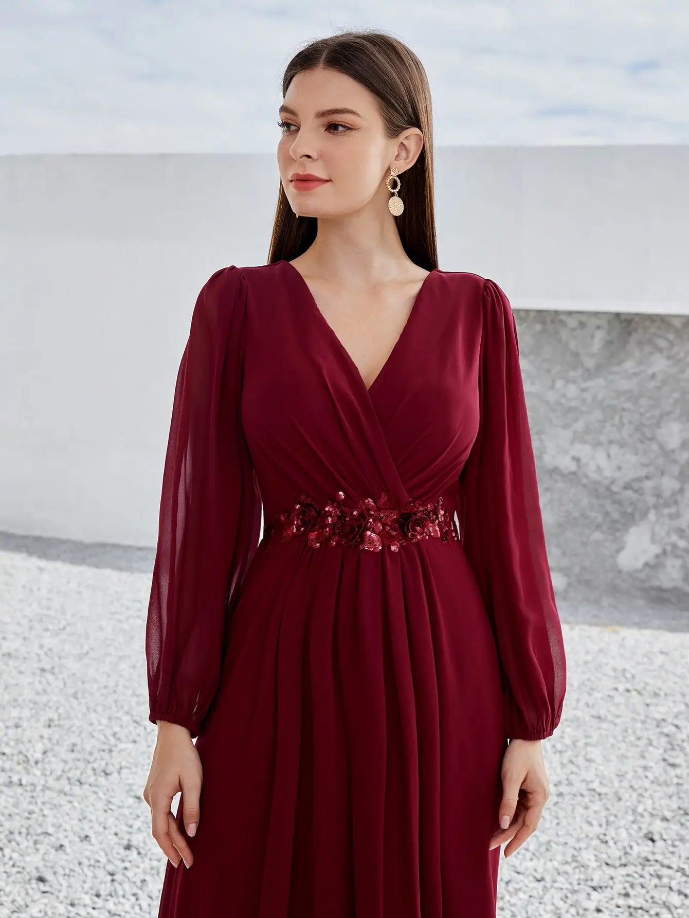 V-Neck Beaded Print Chiffon Maxi Dress