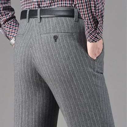 Vintage Autumn Winter Thicken Wool Fleece Suit Pants Men Middle Age High Waist Straight Loose Business Casual Straight Trousers