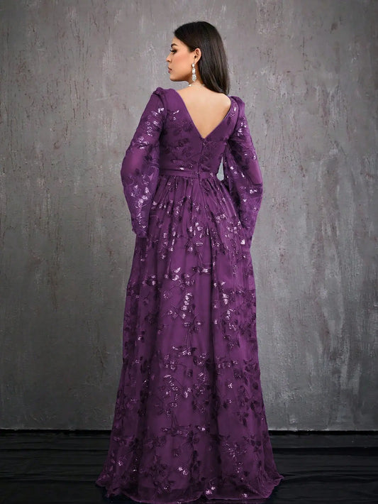 Mgiacyv-neck embroidered sequined long-sleeved slit high-end evening dress