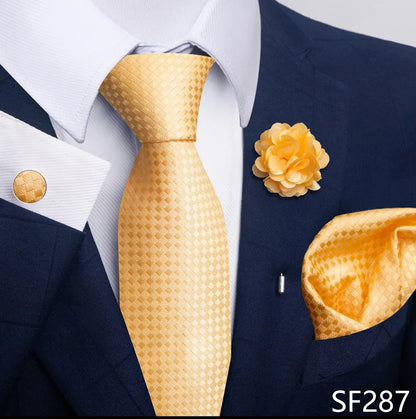 Luxury Men's Floral Tie Set - Black Gold Paisley Necktie with Pocket Square, Cufflinks & Brooch - BOC-WEAR