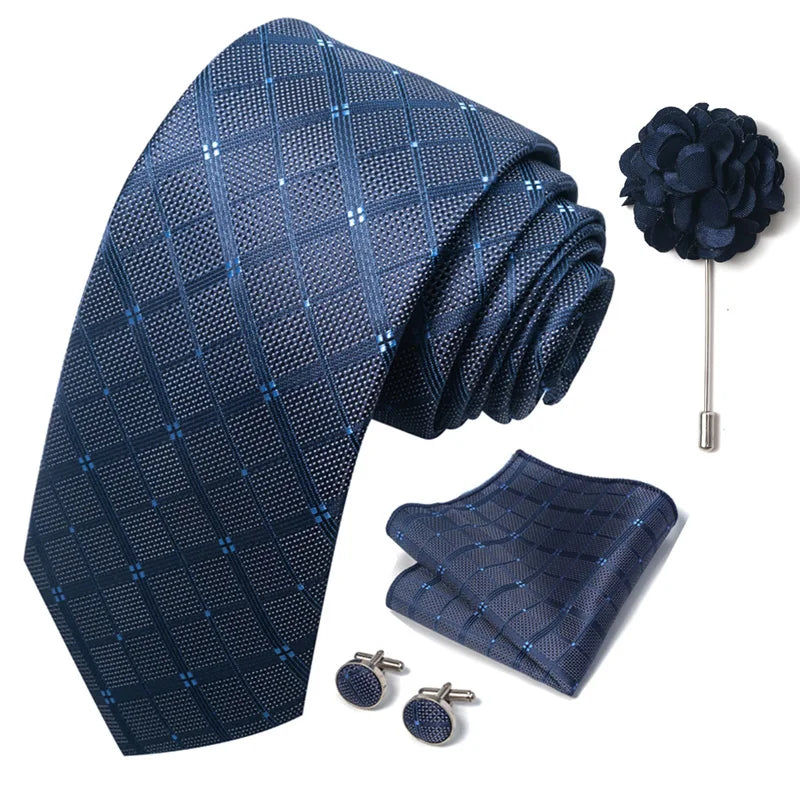 Luxury Men's Floral Tie Set - Black Gold Paisley Necktie with Pocket Square, Cufflinks & Brooch - BOC-WEAR