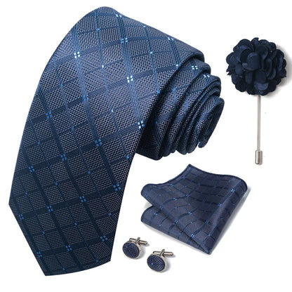 Luxury Men's Floral Tie Set - Black Gold Paisley Necktie with Pocket Square, Cufflinks & Brooch - BOC-WEAR