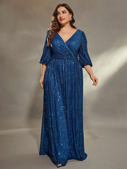 Mgiacy plus size V-neck bust pleated mid-long sleeve A-frame sequin long dress Evening gown PROM dress Party dress