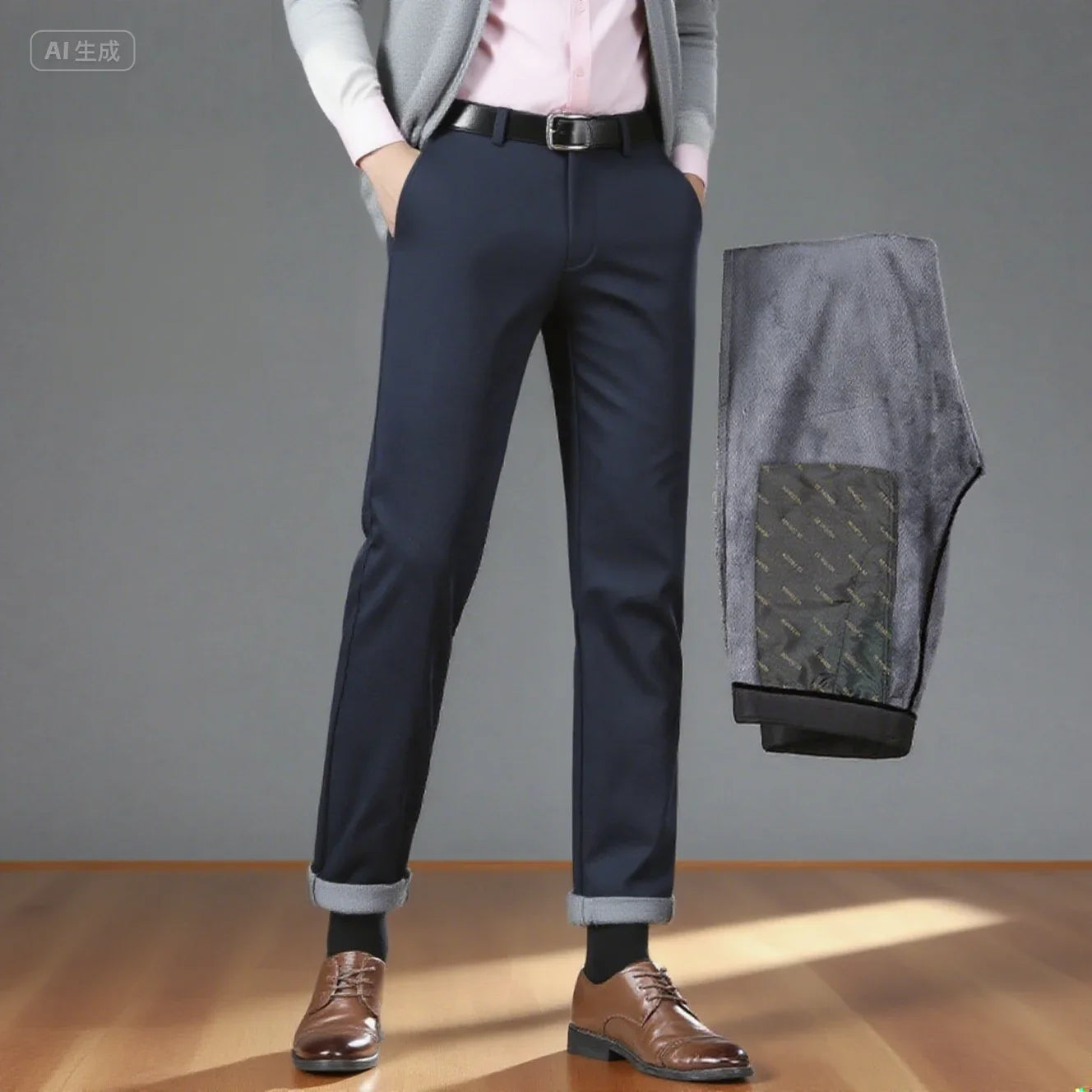 Winter Velvet Thickened Men's Business Casual Trousers Straight Leg Pants High Waisted Elastic Warm Men's Pants Slim Fit Pants