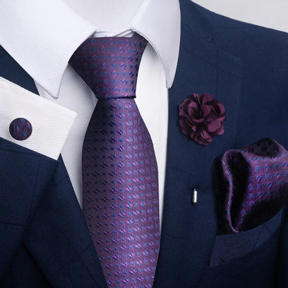 Luxury Men's Floral Tie Set - Black Gold Paisley Necktie with Pocket Square, Cufflinks & Brooch - BOC-WEAR