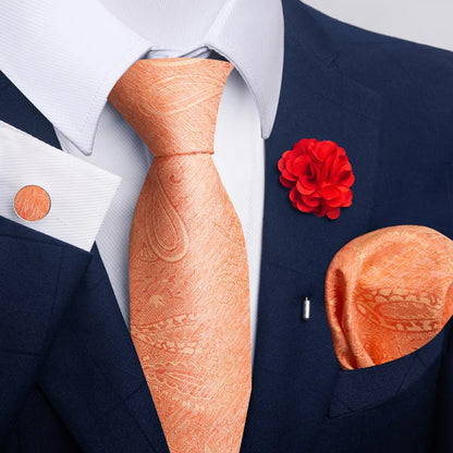 Luxury Men's Floral Tie Set - Black Gold Paisley Necktie with Pocket Square, Cufflinks & Brooch - BOC-WEAR