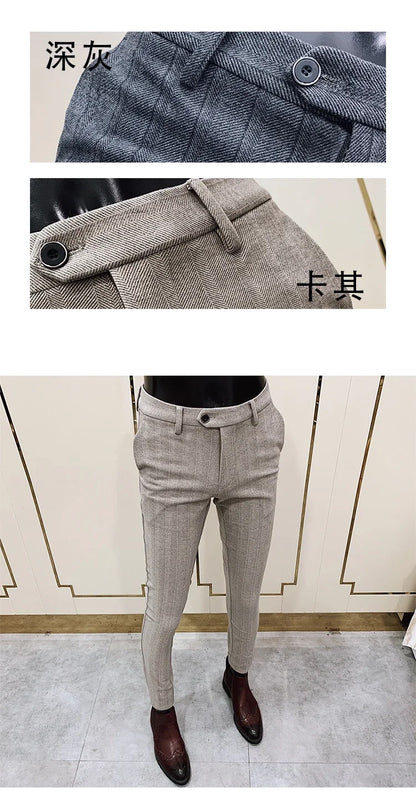 Autumn Winter Thickened Woolen Suit Pant High Quality Men Business Slim Striped Trousers Formal Wear Office Social Dress Pants