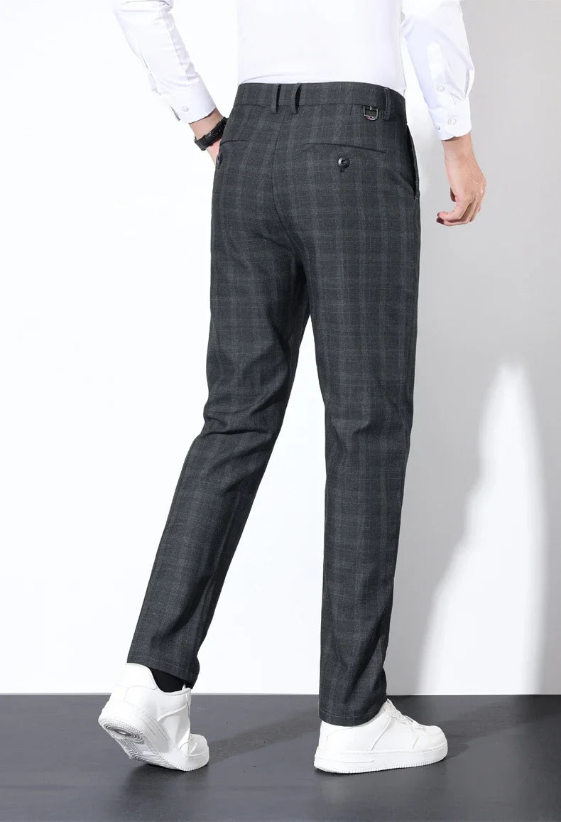 Autumn Winter Men's Plaid Striped Suit Pants Cotton Stretch Straight Business Casual High Quality Classic Fashion Trousers Male