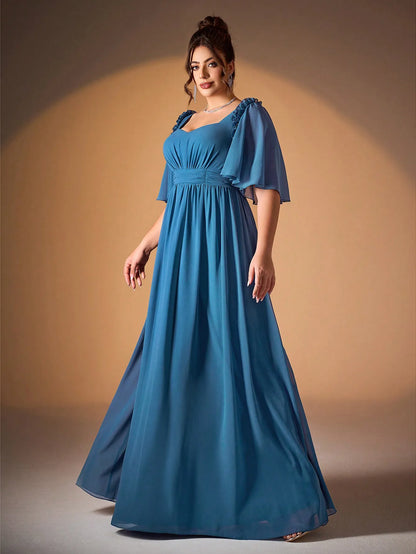 V-Neck Ruffled Pearl Chiffon Evening Dress