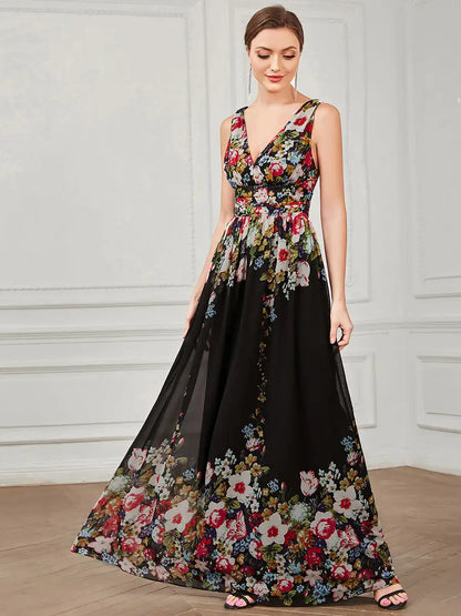 Double V-Neck Chiffon Maxi Prom Dress