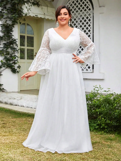 V-Neck Lace Mesh A-Line Wedding Dress