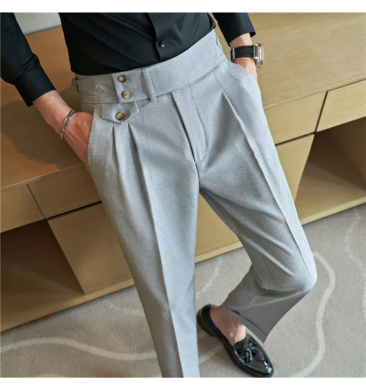 2025 Spring Autumn Men High Waist Belt Design Casual Slim Formal Dress Pant Men Social Office Wedding Party Dress Suit Pants