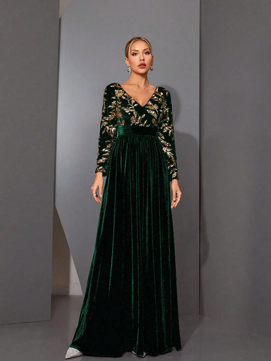 Mgiacyv-neck, gorgeous sequined, long-sleeved, velvet, large-sleeved dress with a cinched waist