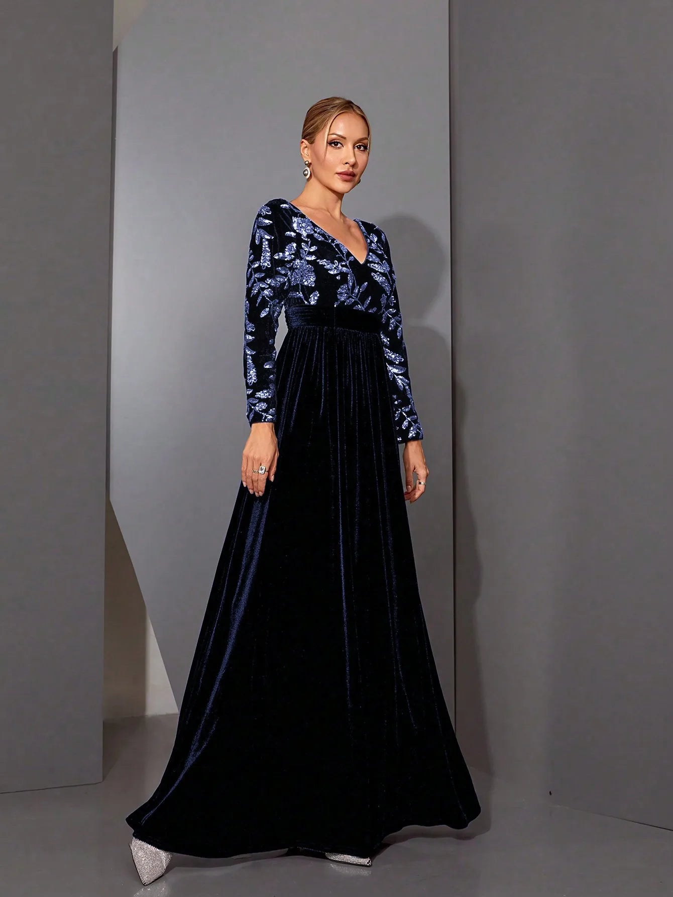 Sequin Velvet Long Sleeve Maxi Dress